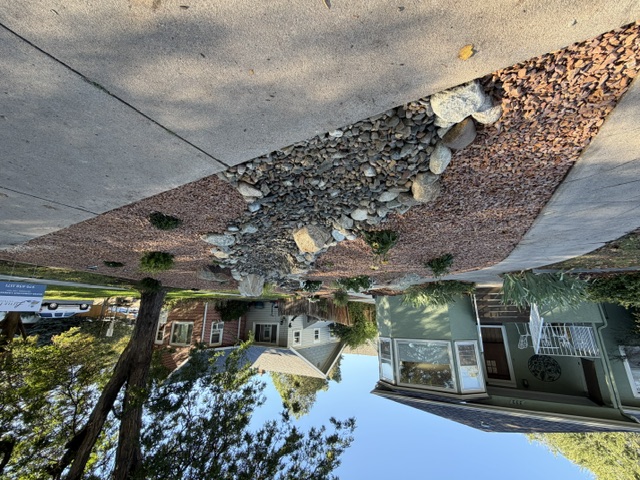 Dry creek channel flowing through a water-conscious front yard