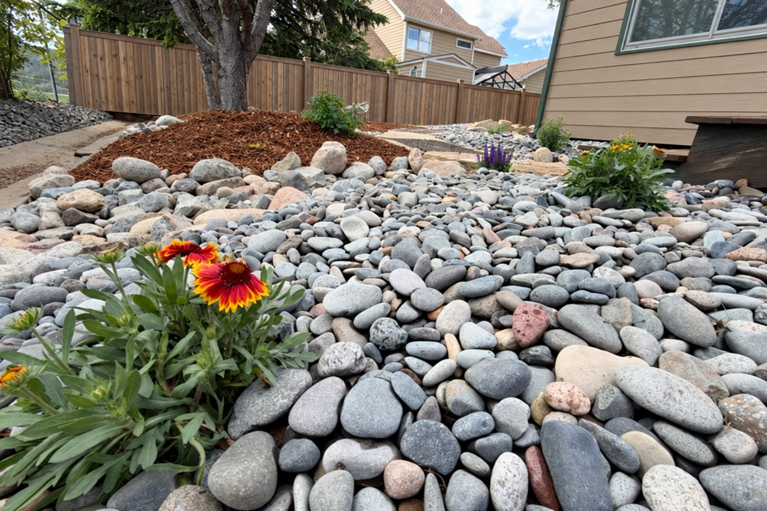 River rock planting bed with colorful flowers