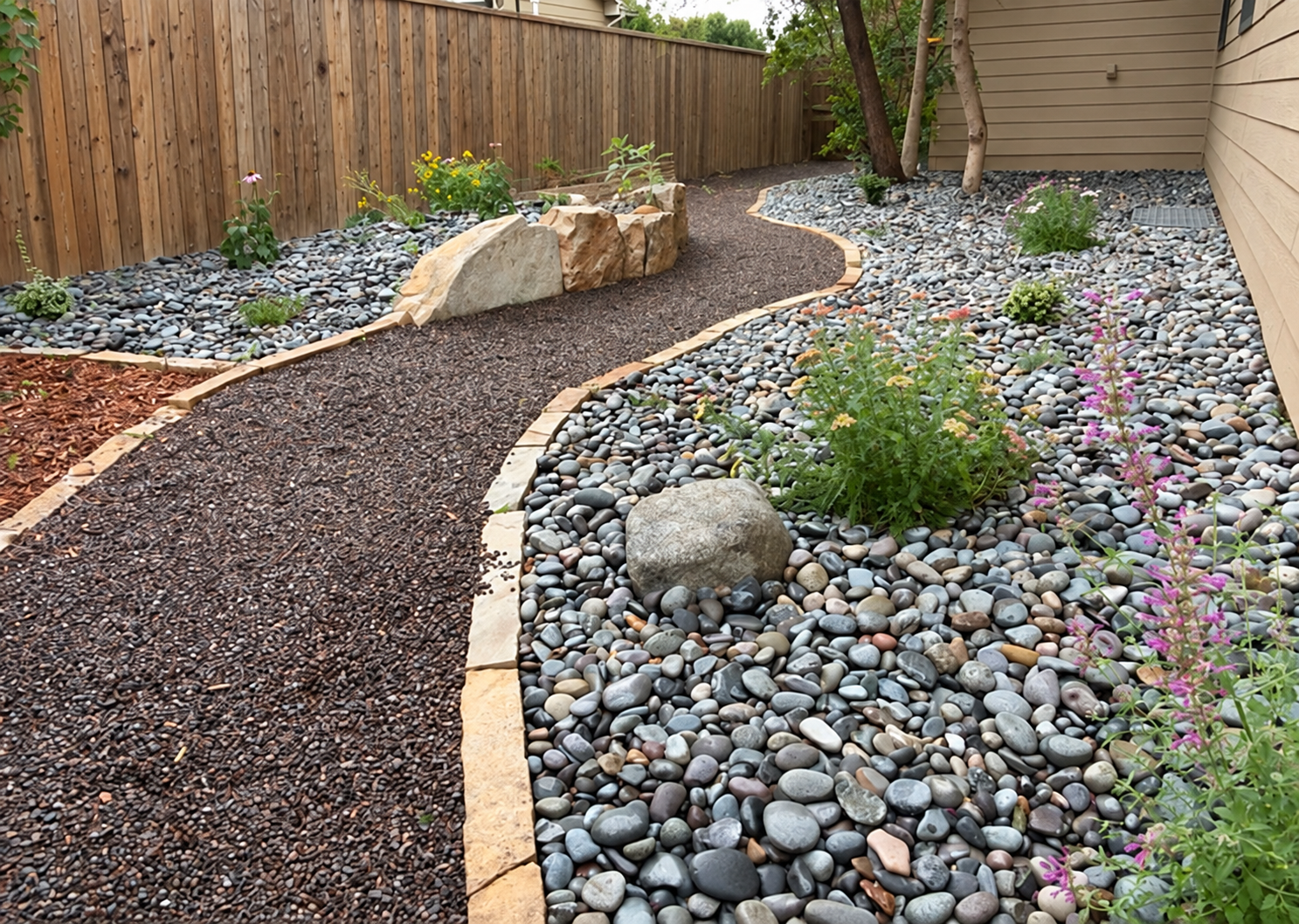 Decorative chip pathway bordered by stone, river rock, and plantings