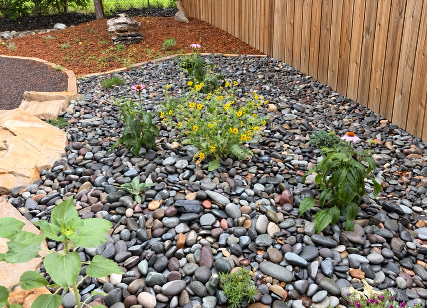 Water-conscious planting bed with river rock and flowering plants